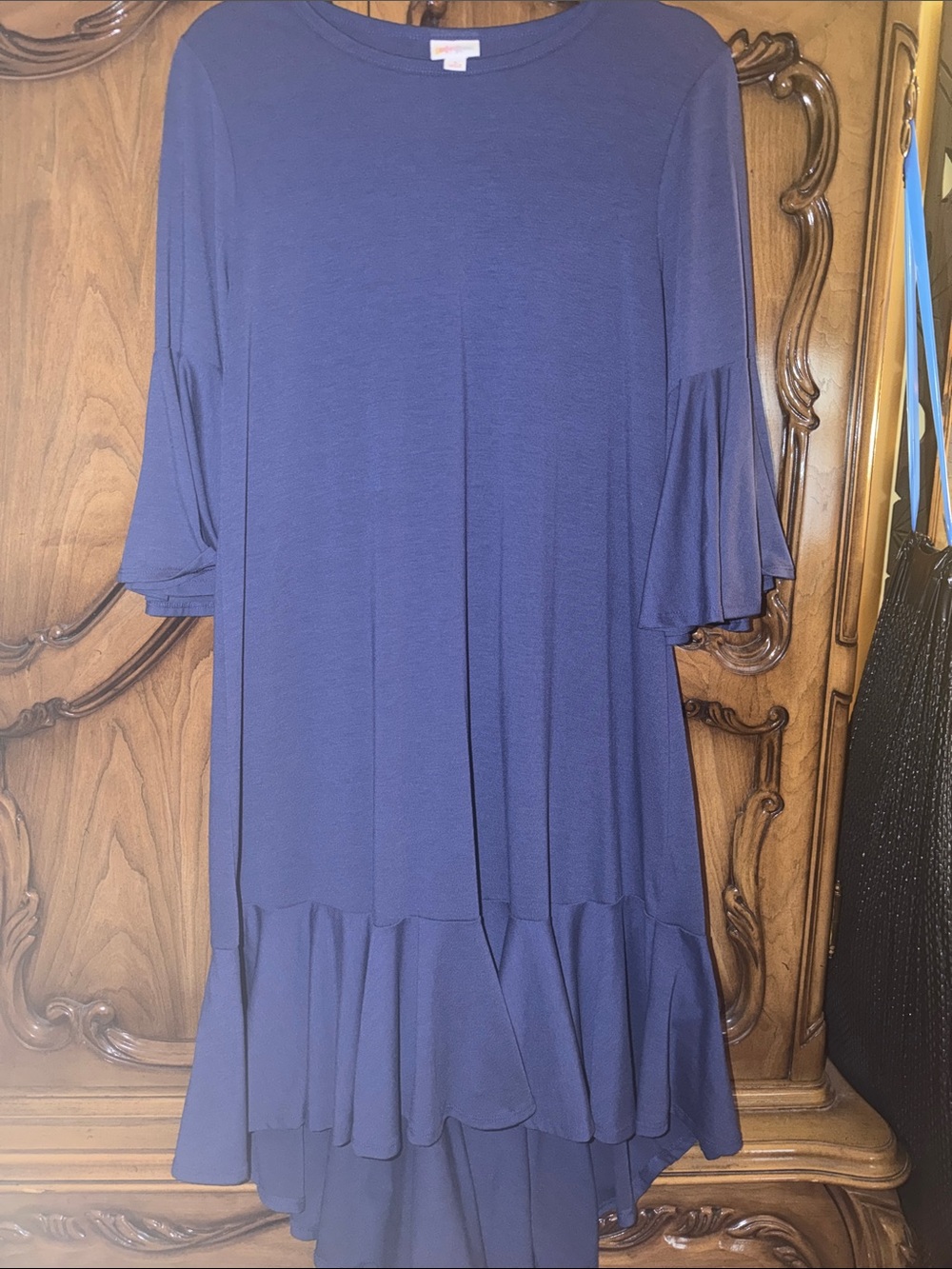 Lularoe small Women's Navy Ruffle Hem Dress with Bell Sleeves